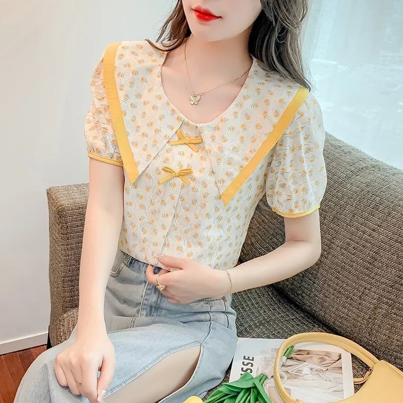 Áo Sơ Mi chiffon Tay Ngắn Dáng Rộng Thắt Nơ Thời Trang Mùa Hè Cho Nữ