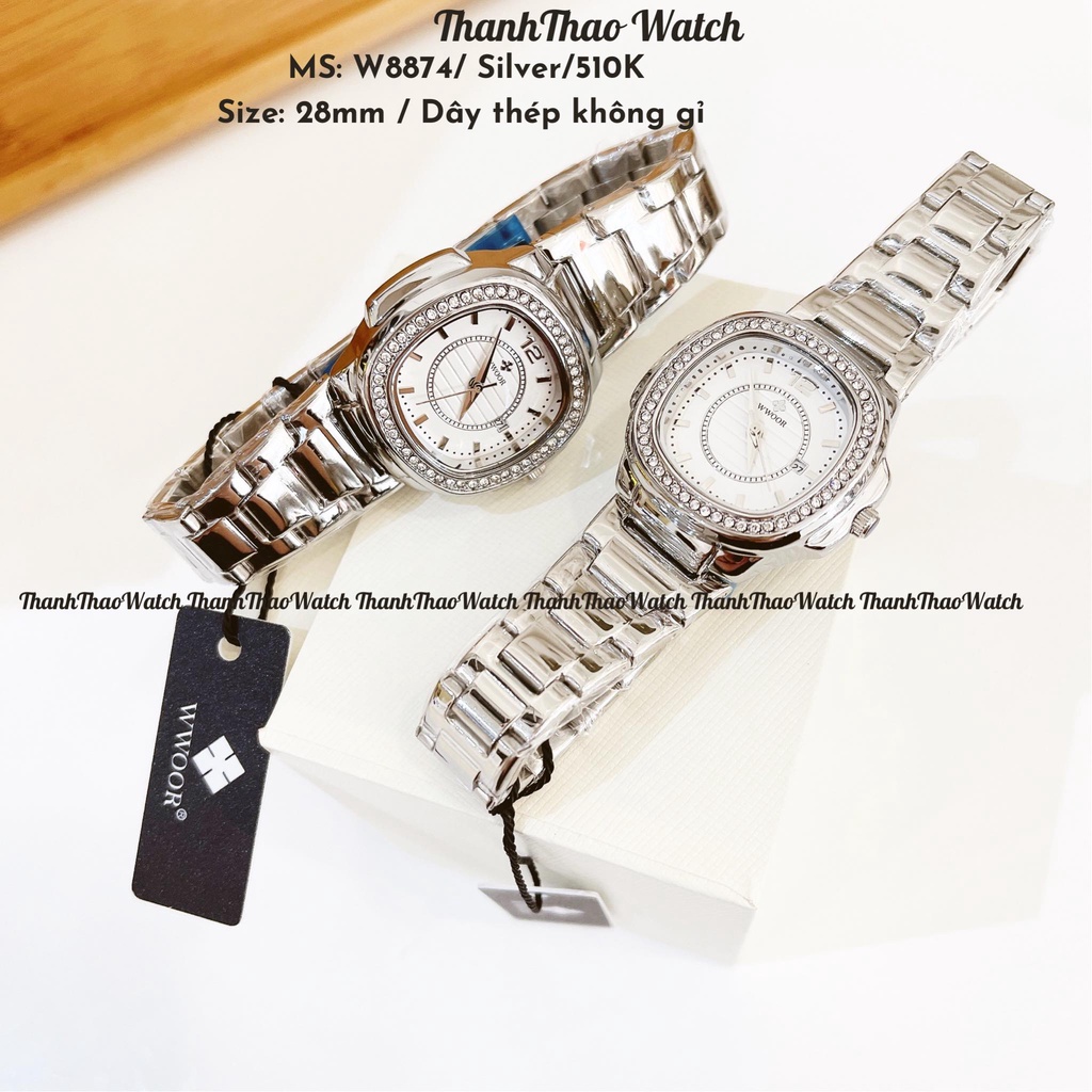 Đồng Hồ Nữ Đeo Tay Đẹp THANHTHAO WATCH Mặt Vuông Đính Đá Dây Thép Không Gỉ Cao Cấp WR8874