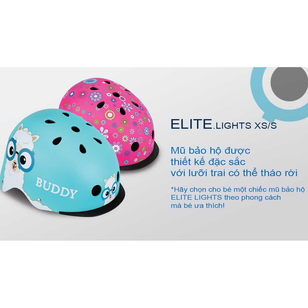 Mũ bảo hộ chơi xe trượt scooter GLOBBER ELITE LIGHTS XS/S cho trẻ em từ 3 đến 6 tuổi - Xanh da trời/Buddy