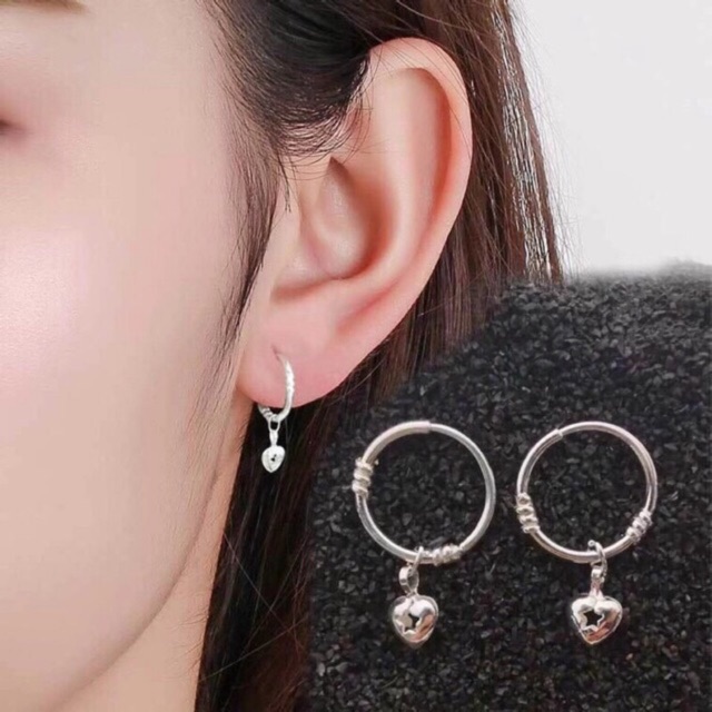 Khuyên tai tròn treo ngôi sao tim giọt nước, cá heo phồng cực xinh bạc nguyên chất