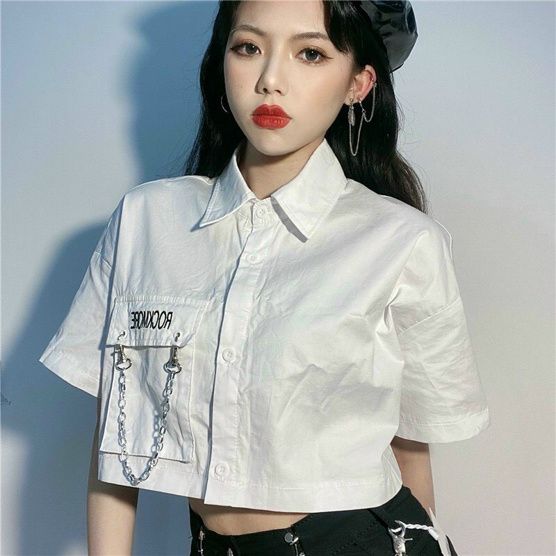 Áo sơ mi nữ tay ngắn phối nắp túi kiểu móc xích độc lạ chất kate form croptop tôn dáng xinh