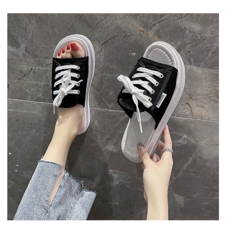 Dép quai ngang nữ dáng thể thao buộc dây mẫu mới, Dép buộc dây mùa hè nhiều họa tiết đế bánh mì cao 3cm yoyo shop