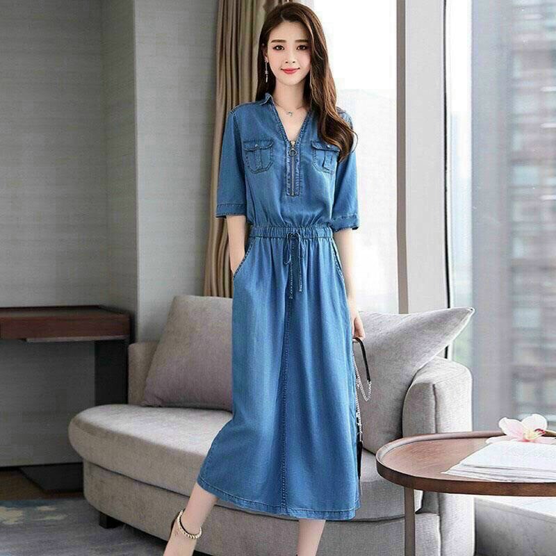 Đầm Jean Xoè Phối Dây Kéo, Đầm Jean