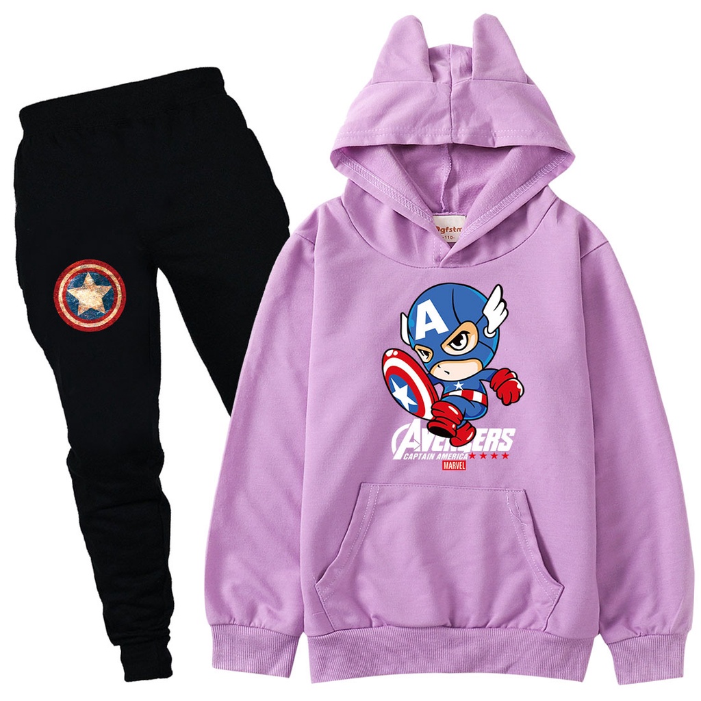 Bộ Áo Hoodie Dài Tay + Quần Dài In Họa Tiết Hoạt Hình Captain America Cho Bé Trai / Gái