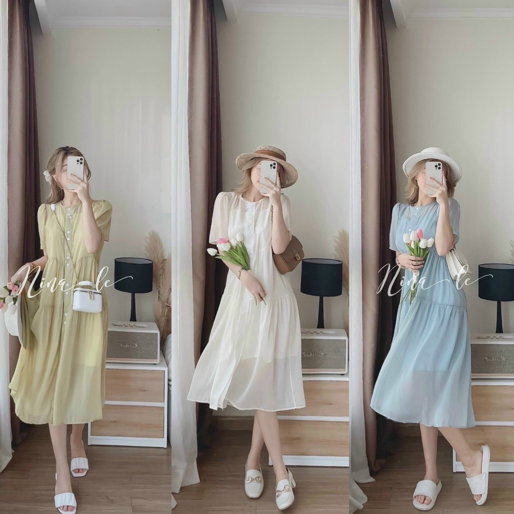 Đầm Nữ Thời Trang Mặc Đi Chơi, Đầm Chifon Lót Cotton Tay Ngắn Lưới Cổ Tròn Nút Trước Bánh Bèo Xinh Xắn