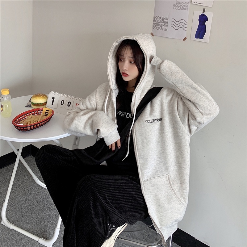 SUXI Áo Khoác Hoodie Thể Thao Dáng Rộng Phối Khóa Kéo Thời Trang Thu Đông Cho Nữ