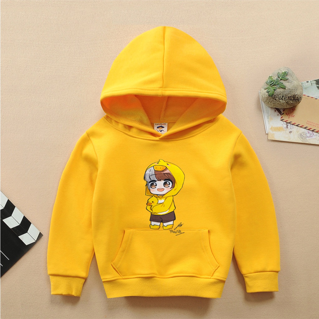 Áo hoodie màu vàng nỉ bông có mũ in hình hero team cho bé trai bé gái