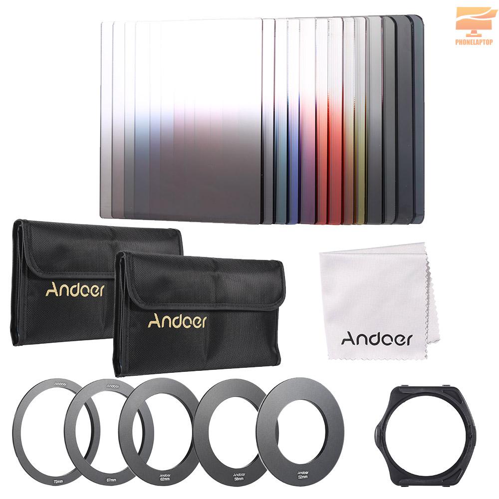 Lapt Andoer 13pcs Square Gradient Full Color Filter Bundle Kit for Cokin P Series with Filter Holder + Adapter Ring(52mm / 58mm / 62mm / 67mm / 72mm ) + Storage Bag + Cleaning Cloth