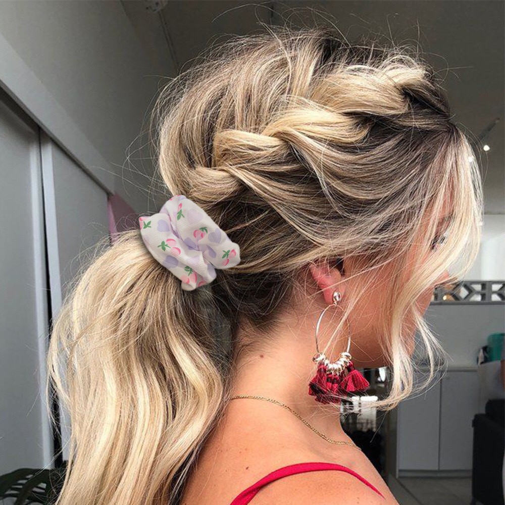 Dây buộc tóc vải scrunchies họa tiết trái cherry dày dặn, Buộc tóc vải đeo tay scrunchies xinh xắn