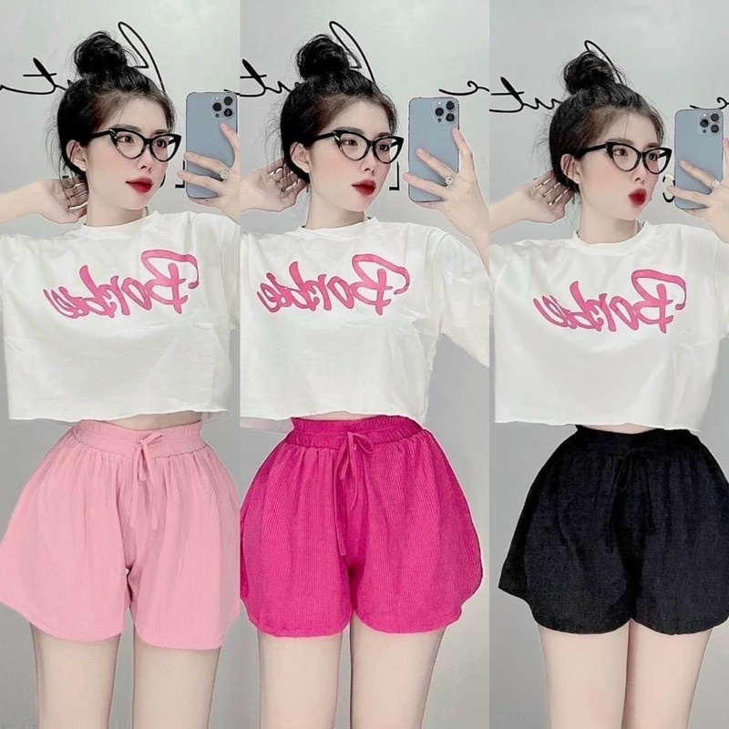 Set Bộ Barbie Áo Croptop Tay Ngắn Fom Rộng Kèm Short Loe alohashop91