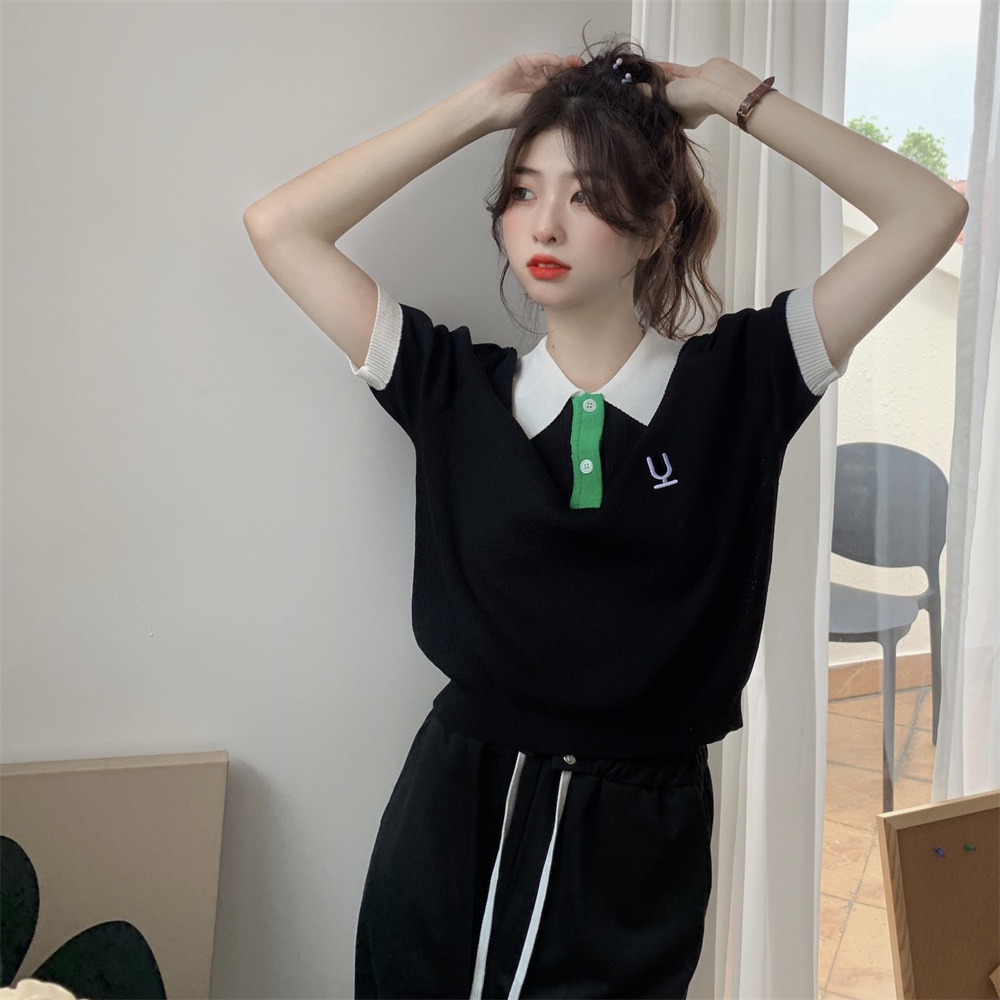 Áo thun polo ZHELIHANGFEI dệt kim ngắn tay dáng rộng thêu họa tiết dễ thương thời trang