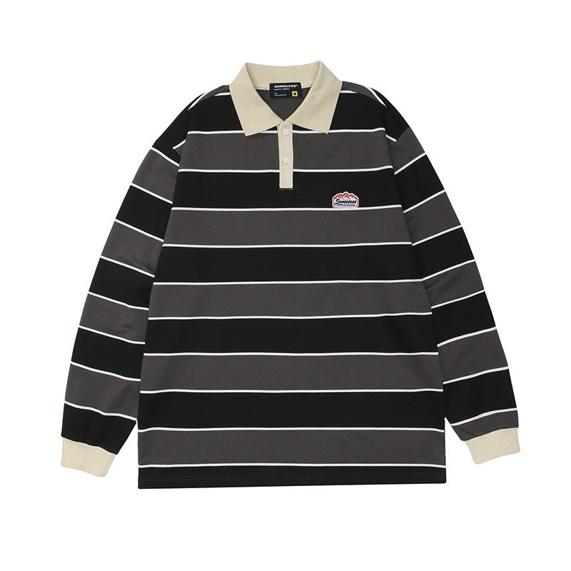 Áo polo unisex kẻ ngang, áo thun dài tay có cổ SENSELLESS form rộng cá tính