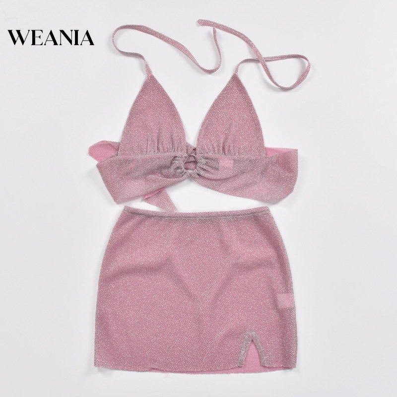 Set Áo Tank Top 2 Dây + Chân Váy Xẻ Tà Xuyên Thấu Lấp Lánh Gợi Cảm