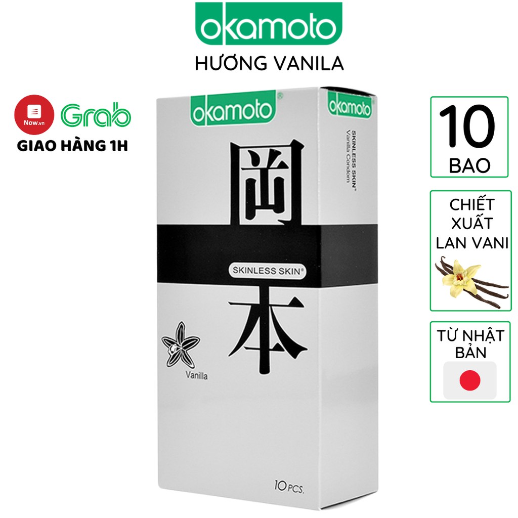 Bao cao su OKAMOTO hương Vanila 10 bao/hộp Skinless Skin trơn cao su nguyên chất siêu mỏng chống tuột Nhật Bản