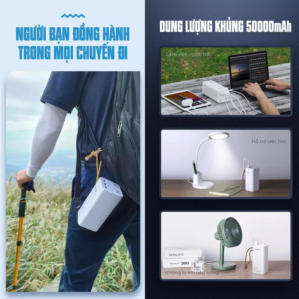 Pin Sạc Dự Phòng Yoobao H5 / L50 Dung Lượng 50000 mAh, Tích Hợp Đèn Pin Siêu Sáng, Hỗ Trợ Sạc Nhanh PD