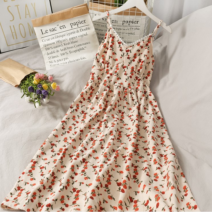 [Sẵn Đỏ] Váy Hai Dây Hoa Nhí Nhung Tăm Eo Cao Hàng Quảng Châu Loại 1 V03