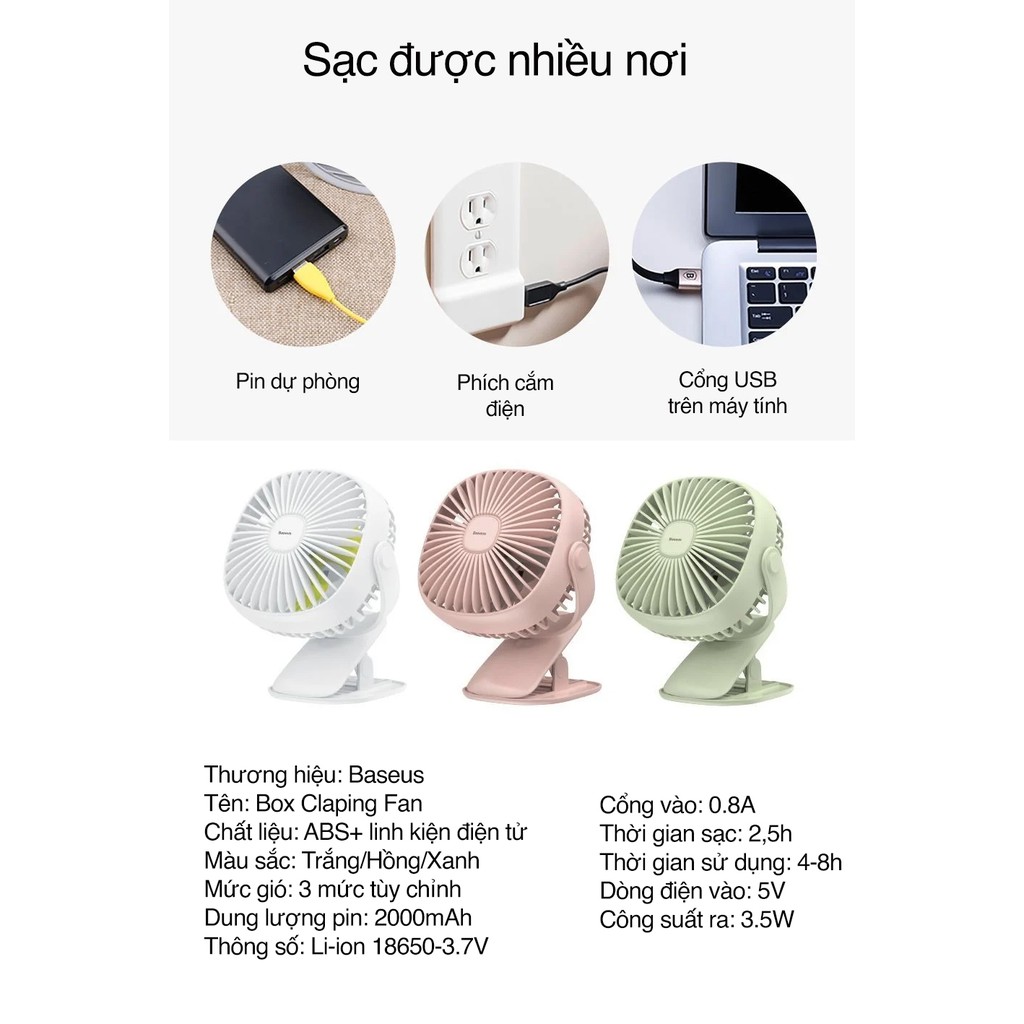 Quạt kẹp mini để bàn Baseus Box Clamping Fan (Pin sạc 2000mAh, 3 cấp tốc độ, đèn LED, xoay 360 độ )