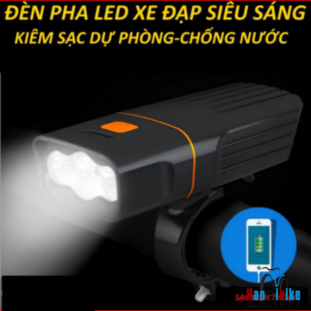 Đèn pin siêu sáng cầm tay, đèn xe đạp 3 mắt độ sáng 1000lumen cao cấp chống nước tích hợp sạc dự phòng