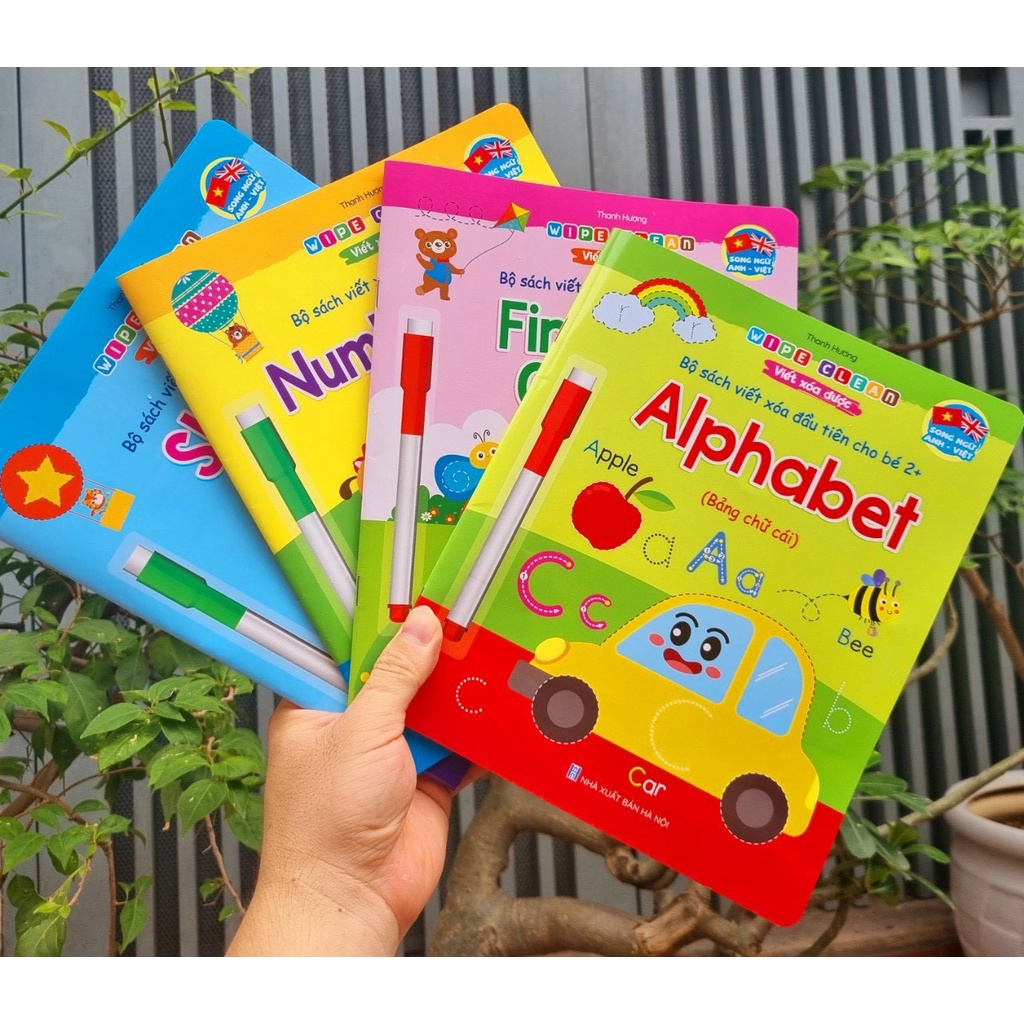 Sách Viết Xóa Song Ngữ Anh Việt đầu tiên bộ 4 cuốn Alphabet Numbers  TẶNG KÈM 2 BÚT