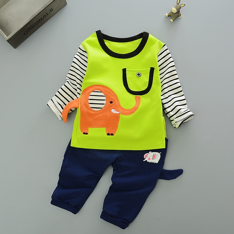 BEAR LEADER Set Đồ 2 Món Gồm Áo Thun Tay Dài Kẻ Sọc In Hình Voi Hoạt Hình + Quần Dài Cho Bé Trai / Gái