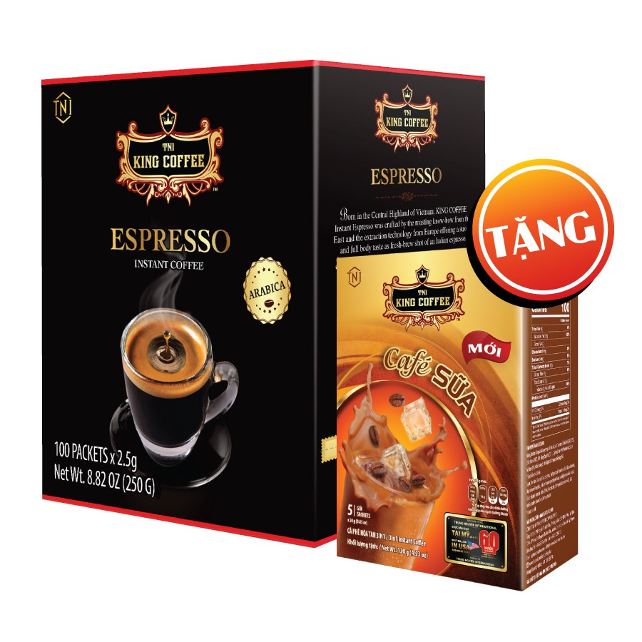Combo 1 Hộp CFĐ HT Espresso KING COFFEE - Hộp 100 gói x 2.5g + Tặng 1 Hộp CFS HT 3IN1 KING COFFE - Hộp 10 gói x x 24g