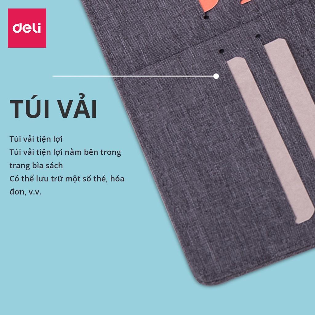 [LIFEMC02BPABAU -10% đơn 250K] Sổ tay cao cấp bọc vải, gáy da 160 trang Deli - tích hợp ví - Xanh dương/Hồng/Xám - NS245