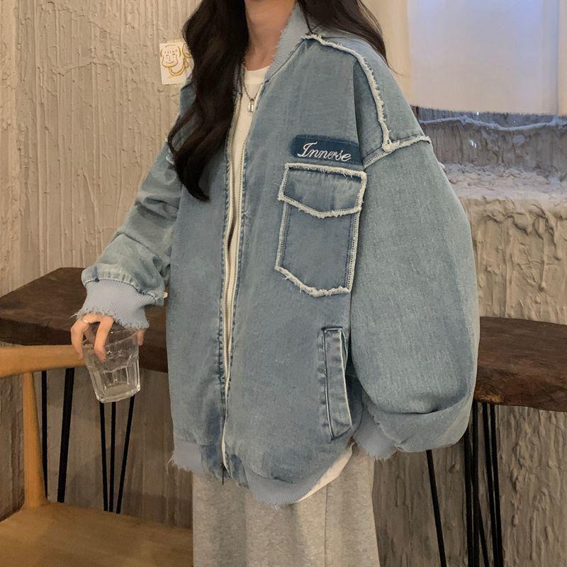 Áo khoác denim dáng rộng phối khóa kéo thời trang mùa thu phong cách retro Mỹ cho nữ