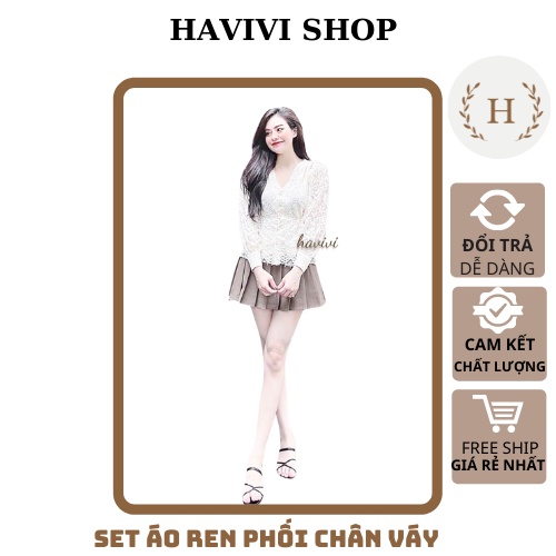 Set Áo Ren Cổ Tim Phối Chân Váy Xếp Ly Set Áo Váy Nữ Dạo Phố HAVIVI SHOP ( kèm ảnh thật )