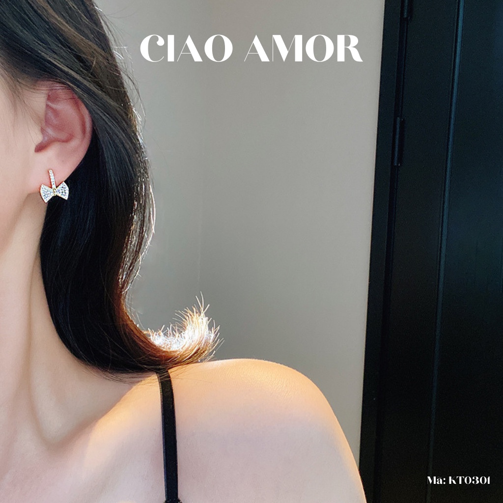 Khuyên tai nữ, Bông tai nữ bạc 925 thanh nơ đính đá dễ thương Trang sức Ciao Amor - KT0301