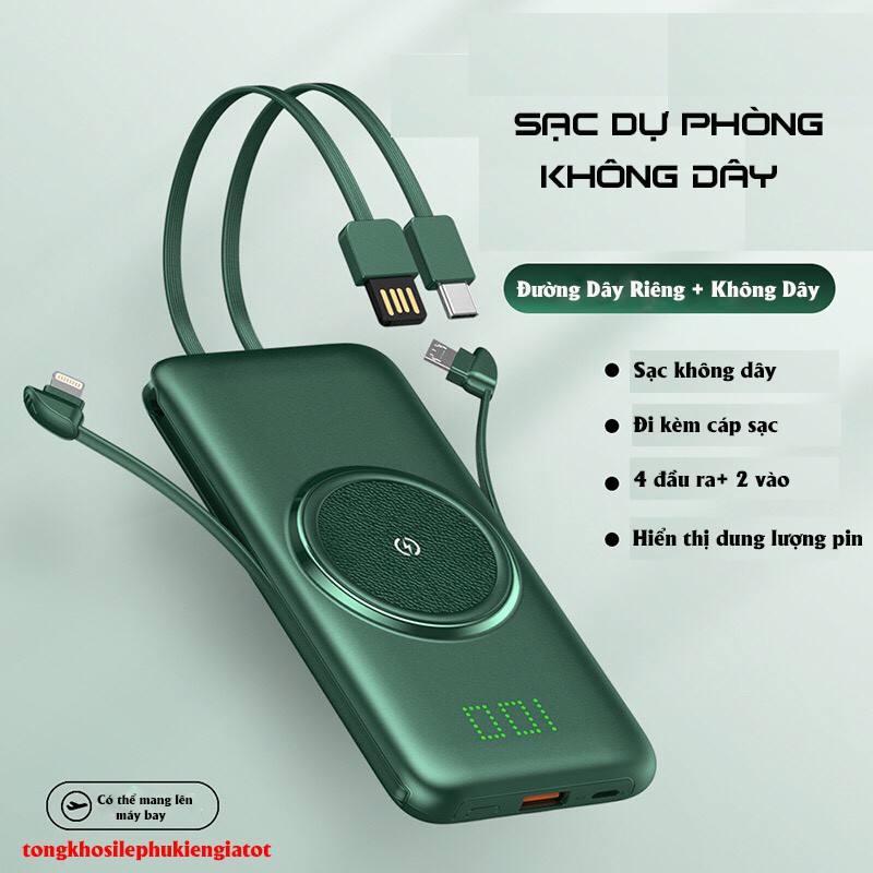 Sạc Dự Phòng Không Dây Kèm Cáp Nhanh 10000mAh Dư Cùng Lúc Nhiều Thiết Bị