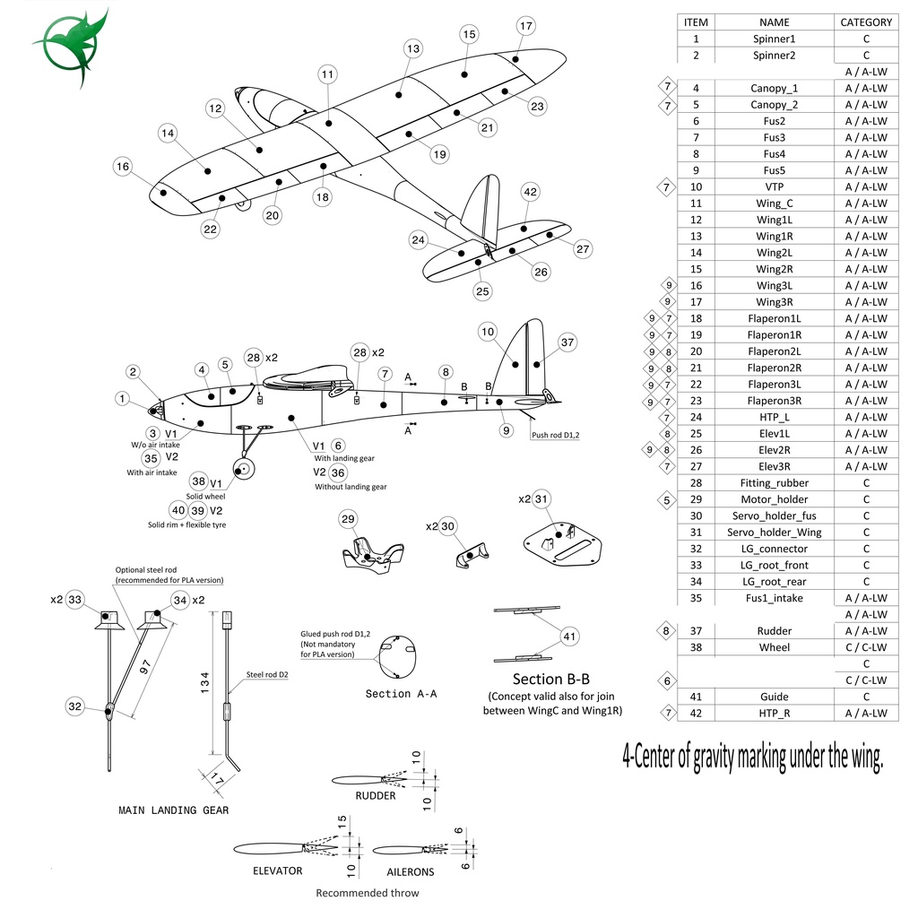 Kit Máy Bay Cánh Bằng In 3D Sải 1000mm Elipson Model A Full Spinner Càng đáp Đầy đủ Phụ Tùng Thay Thế