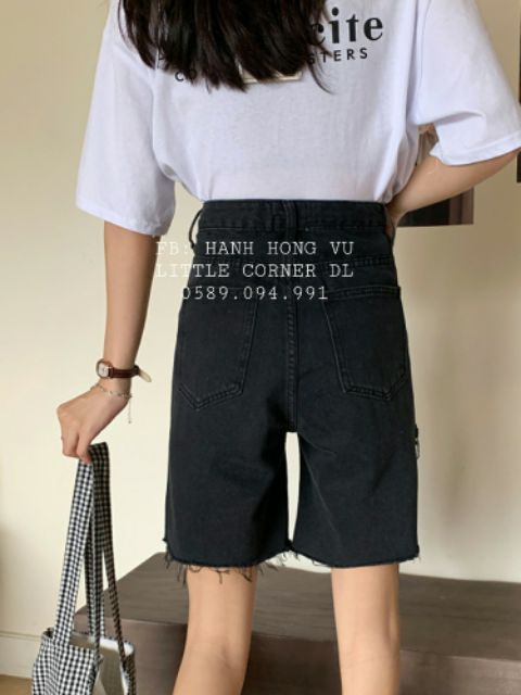 Quần short jeans ngố lửng rách sườn xẻ màu đen lưng cao form rộng ulzzang kèm ảnh thật