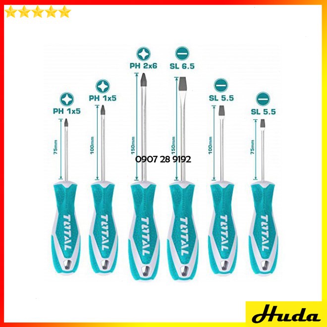 Bộ 6 tua vít dẹp và bake Total Ingco Bộ tuốc nơ vít thép chất liệu POI