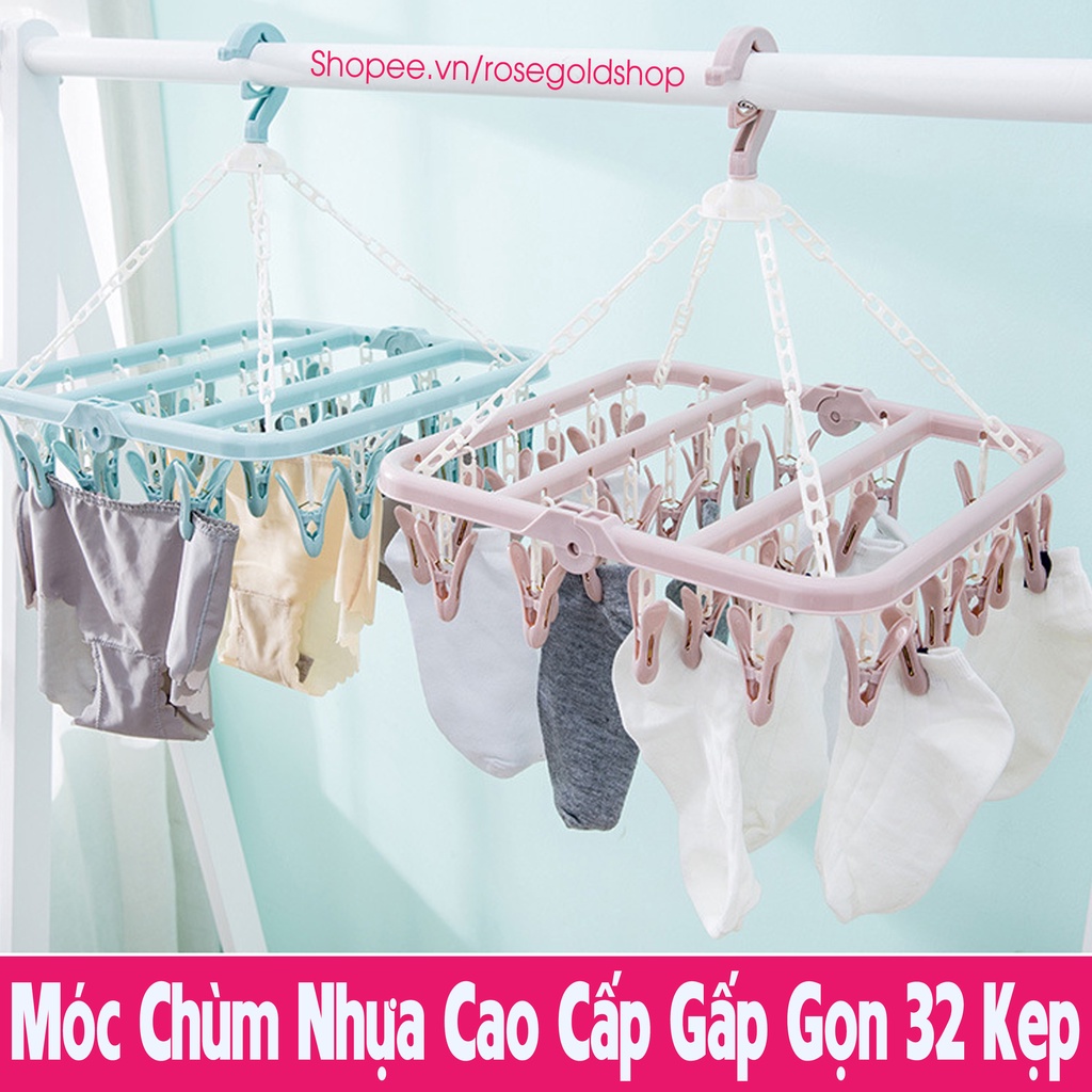 Móc Chùm Nhựa Cao Cấp Gấp Gọn 32 Kẹp Phơi Quần Áo, Khăn Tất, Thú Bông (Hàng Có Sẵn)