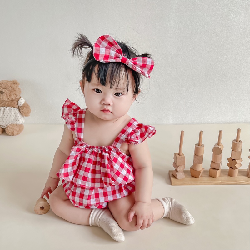 Bộ Áo Liền Quần Tam Giác Tay Bay Kẻ Sọc Caro Thời Trang Mùa Hè Cho Bé Gái