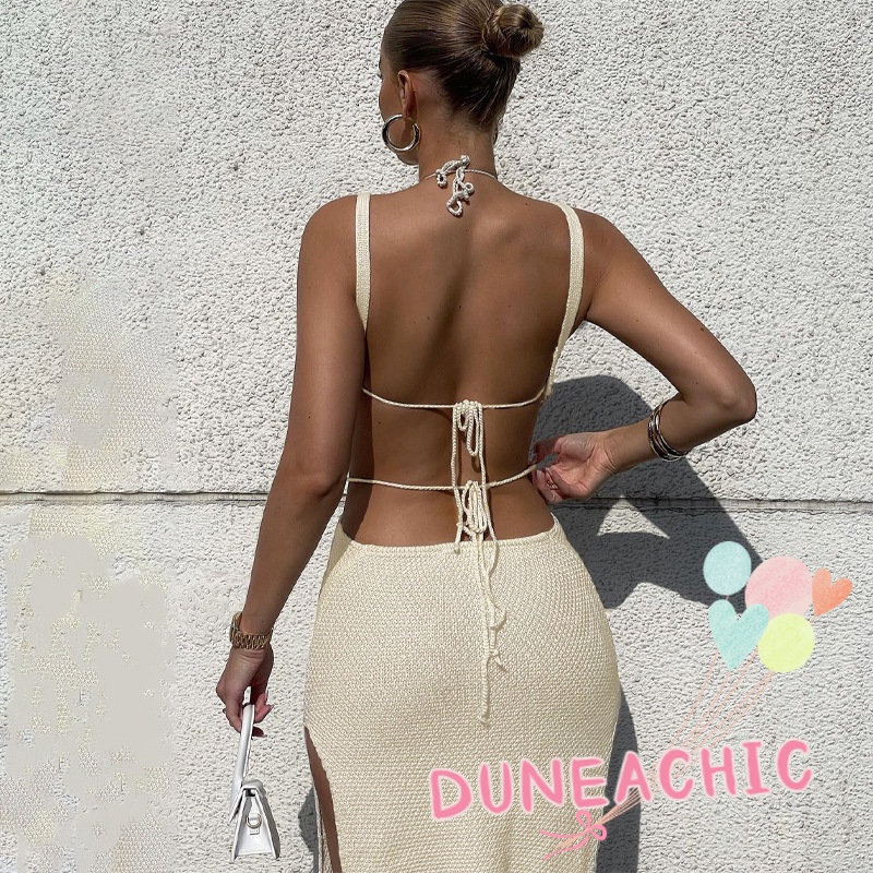 DUNEA Đầm Dệt Kim Xẻ Tà Hở Lưng Xuyên Thấu Gợi Cảm Cho Nữ