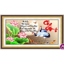 Tranh Gắn Đá Cha Mẹ Sen Hạc DF211 - 90x50cm
