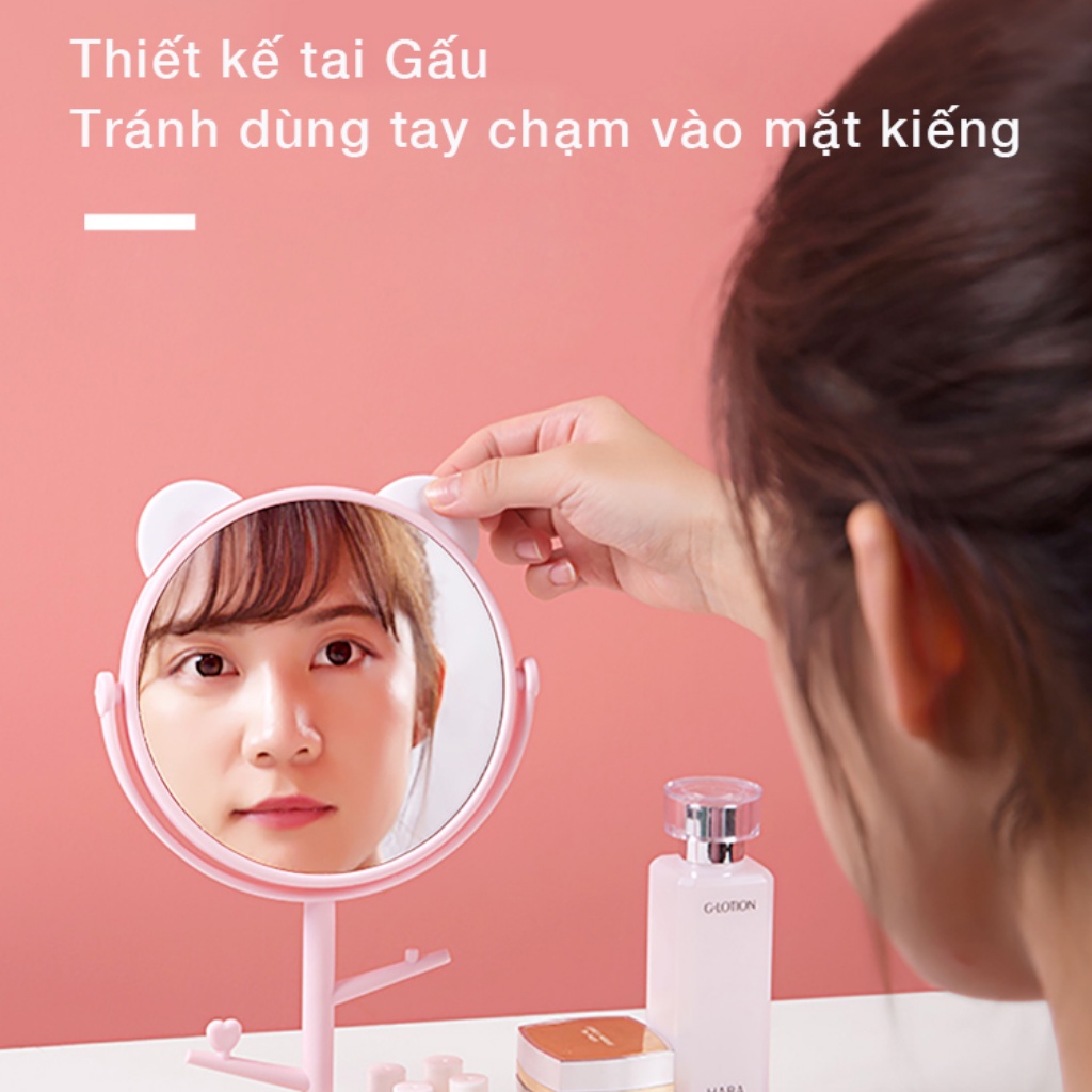 Gương Trang điểm Tai Mèo để bàn dễ thương Xoay 360 Độ