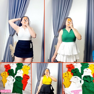 Áo thun kiểu Bigsize vải xốp nhăn cổ bẻ sát nách, Áo kiểu nữ dễ thương mã xốp2