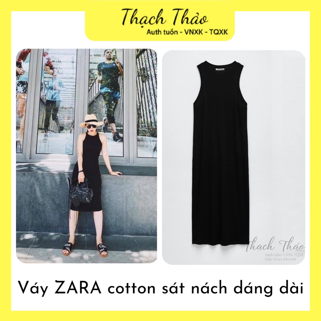 Váy sát nách chất liệu cotton màu đen cho nữ, đầm ZR basic dáng suông dài thoáng mát, thấm hút mồ hôi cho nữ