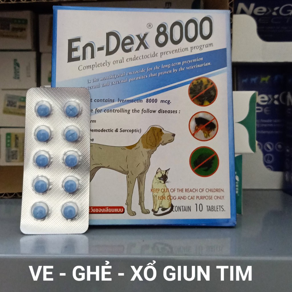 1 Hộp E N-DEX 8000 - NỘI, NGOAI KÝ SINH TRÙNG CHÓ MÈO (GHẺ DEMODEX, GIUN T IM