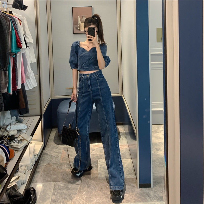 Set áo sơ mi denim + quần ống rộng thời trang Hàn Quốc phong cách retro cho nữ 2021