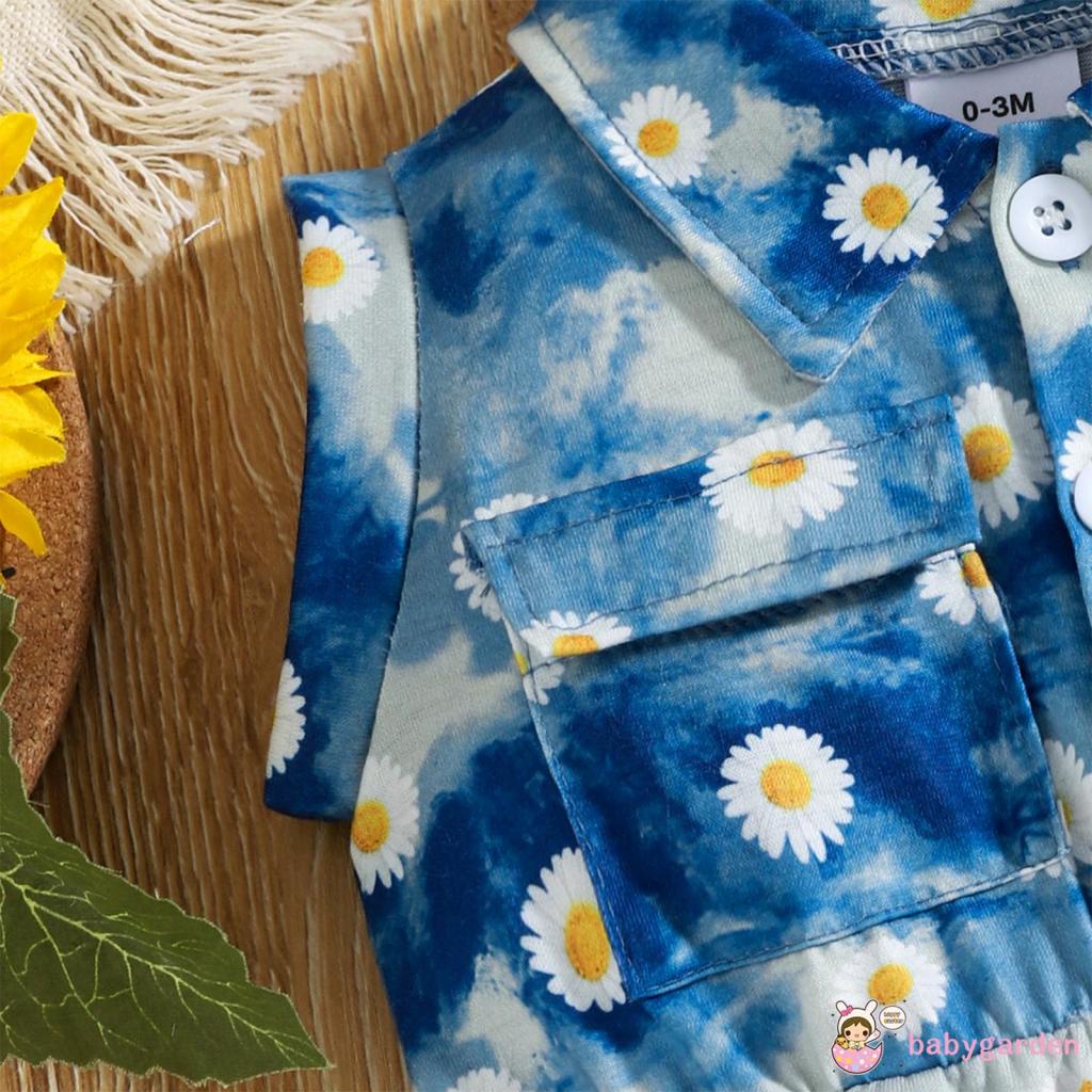 Bộ áo liền quần không tay in hoa cúc kèm băng đô dành cho bé gái 0-18 tháng tuổi