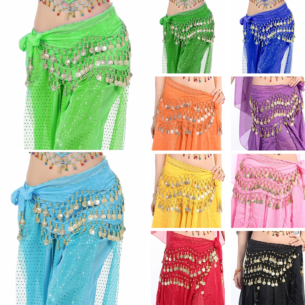 Women Belly Dance Coin 3 Rows Belt Hip Scarf Skirt Wrap Chain Dancing Costume