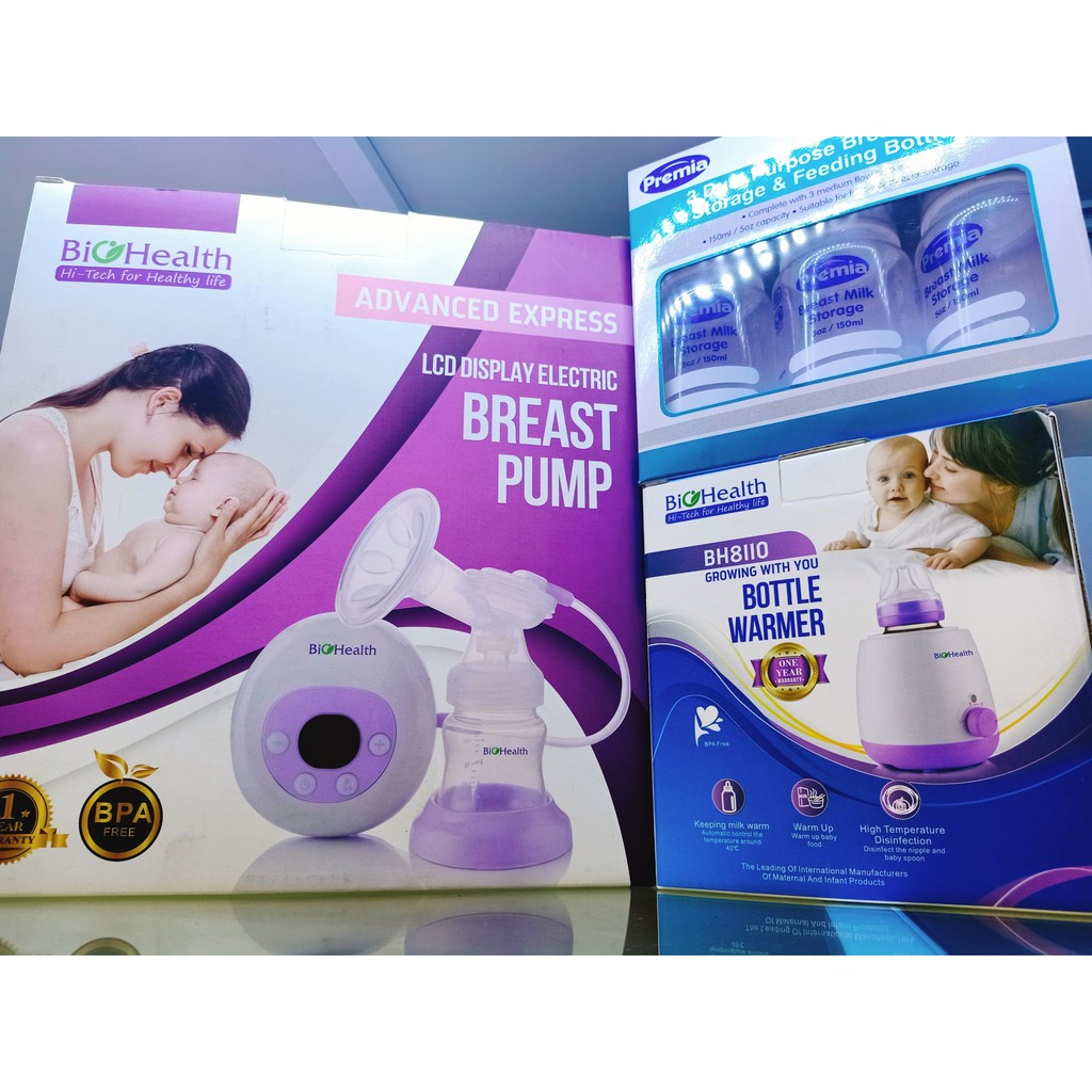 Combo trọn bộ Máy hút sữa điện đơn Biohealth tặng 1 Máy hâm sữa Biohealth và 1 bộ 3 bình trữ sữa 2 trong 1 Premia