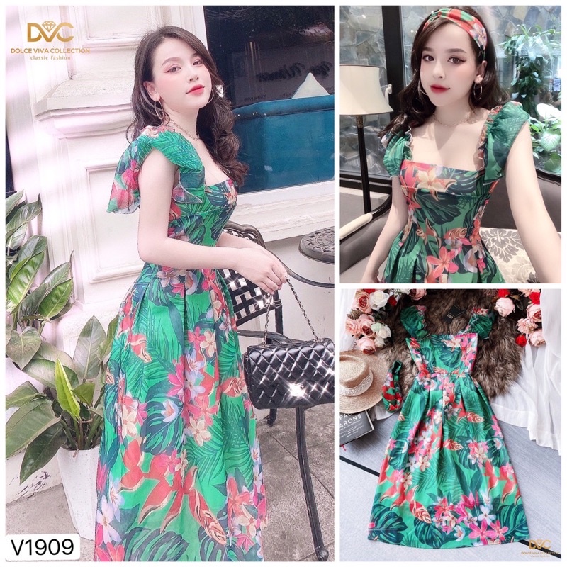váy maxi cánh tiên hoa xanh hàng thiết kế voan cổ vuông (giá cũ900k)