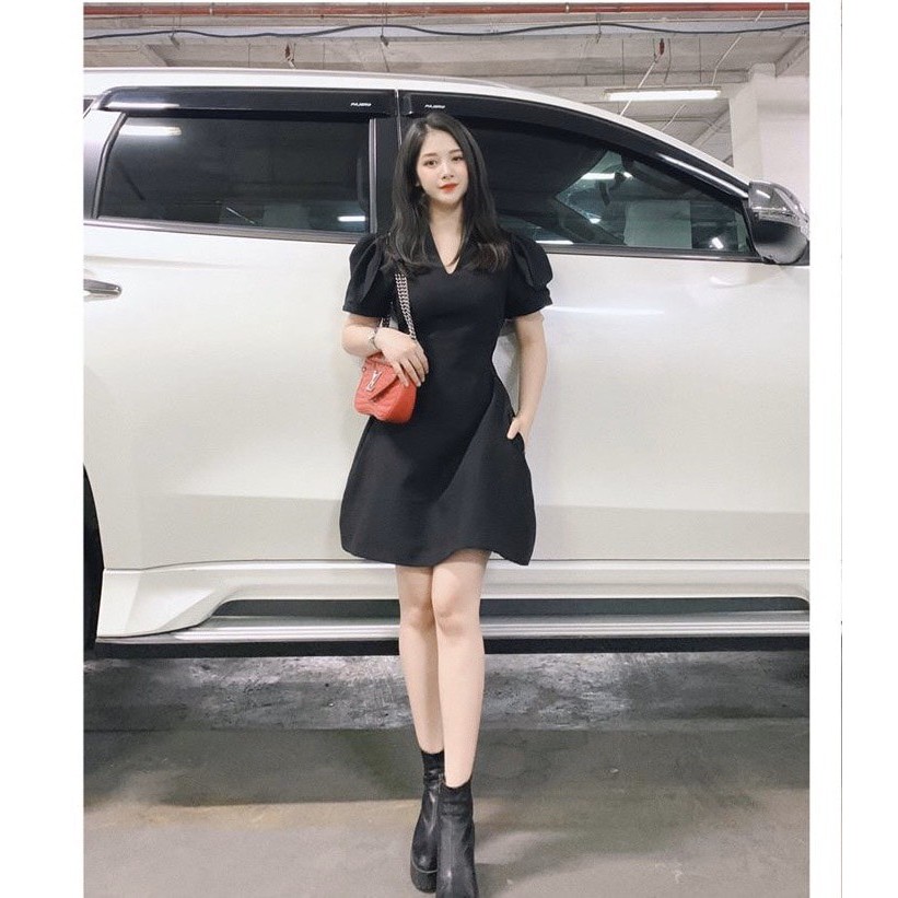 Đầm dự tiệc cổ V màu hồng siêu xinh