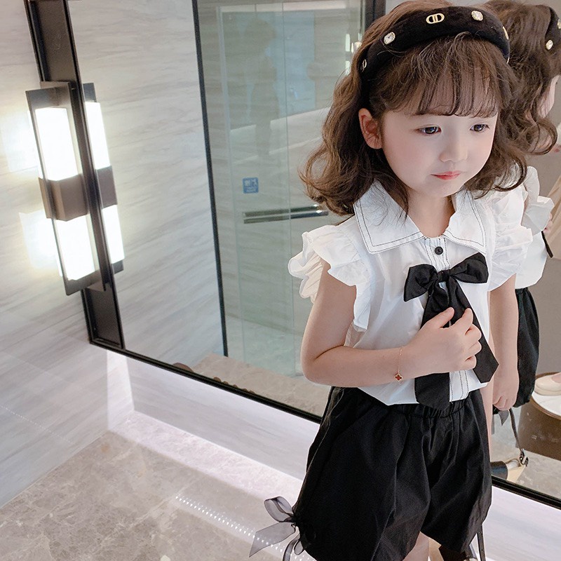 Đồ bộ bé gái -Bộ áo nơ mix quần ngố phồng Style Hàn siêu xinh cho bé gái 1-5 Tuổi