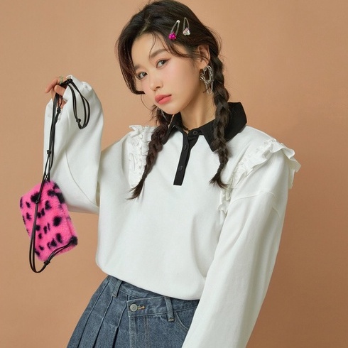 Áo thun polo nữ dài tay dây rút phối viền bèo nhún dàng ngắn Croptop ALALA thu đông