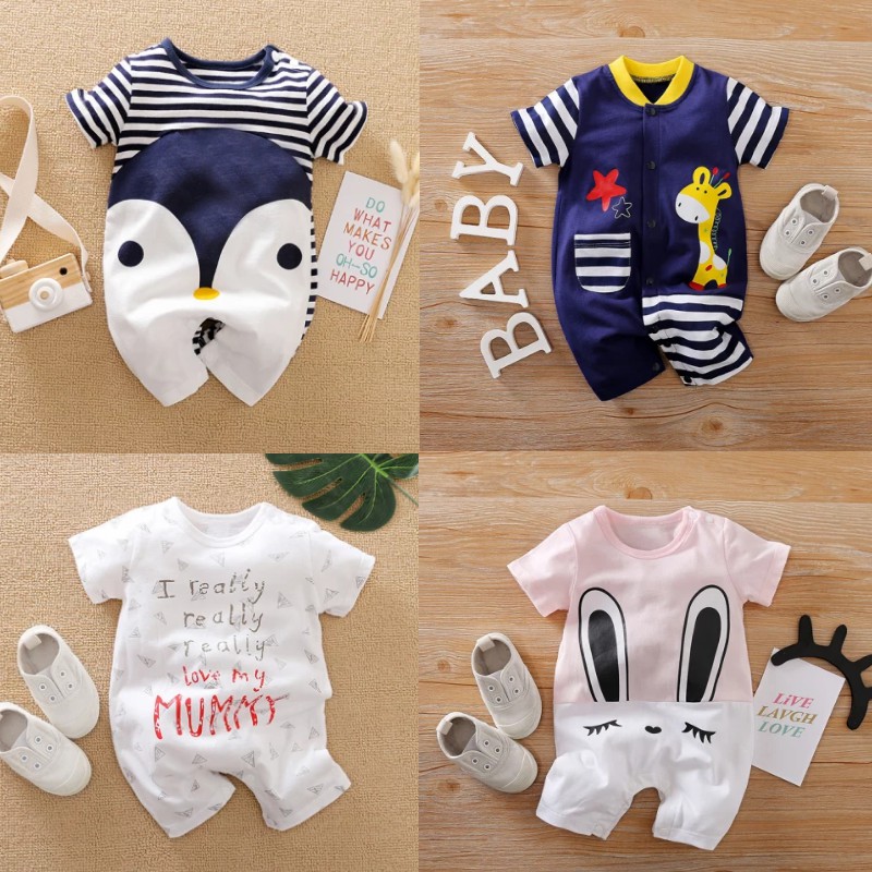 Áo liền quần tay ngắn vải cotton họa tiết hoạt hình tay ngắn đáng yêu cho bé 3-8 tháng tuổi